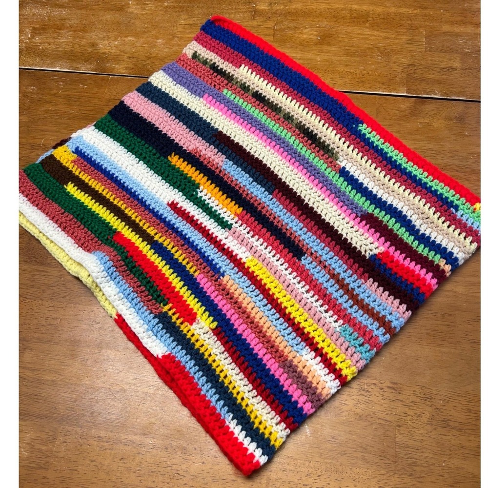 Boho Eclectic Handmade Crochet Multicolor Scrap Yarn Table Runner Throw 48x20